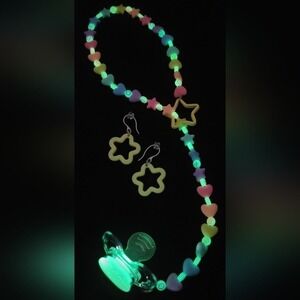 Kawaii Heart Star Glow Drop Necklace, Earrings, Binky, Kandi Kids Set.